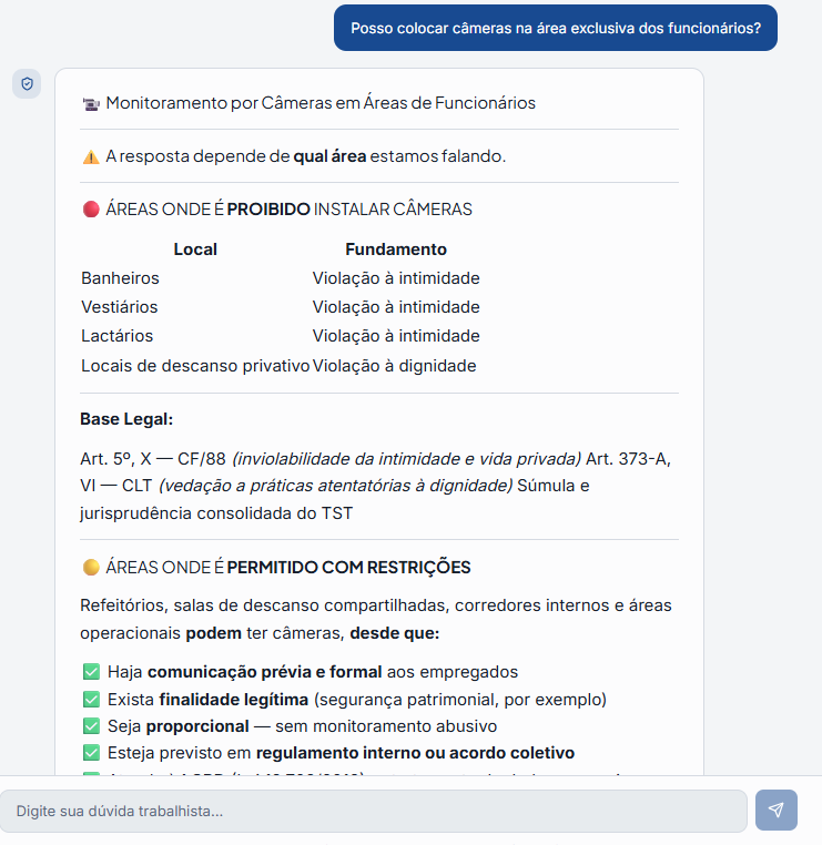 Exemplo real de resposta da IA trabalhista da Legal Prevent